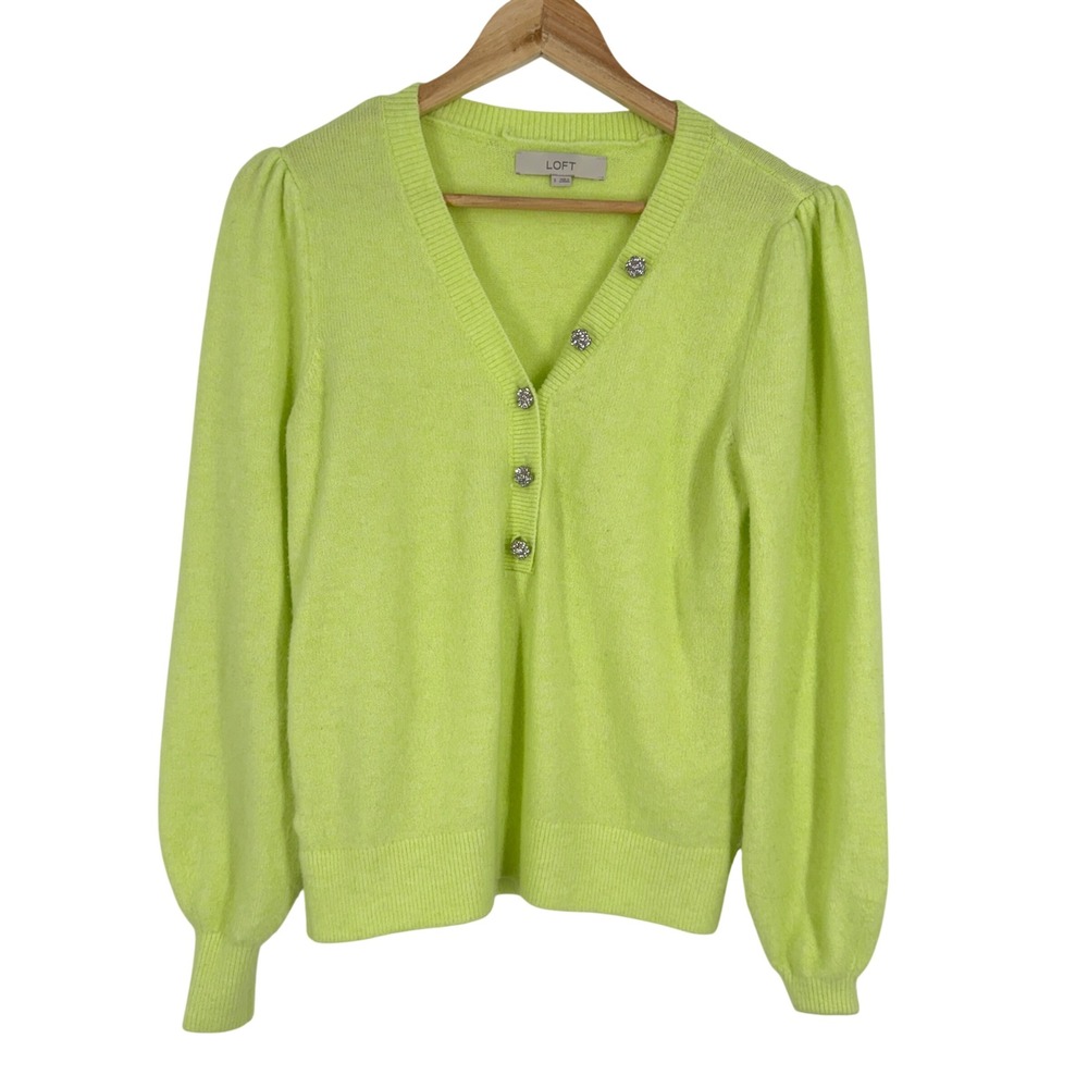 Loft Neon Lime Green Fuzzy Knit Sweater Crystal Button Puff Shoulder Sweater S‎